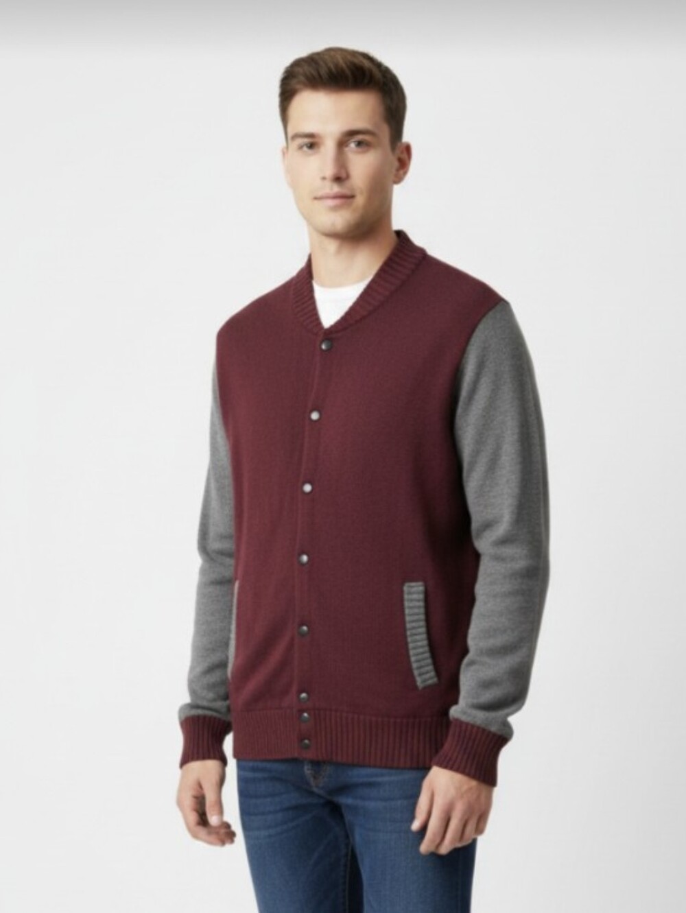 MOSSIMO! BURGUNDY RED & DOVE GRAY VARSITY CARDIGAN SWEATER! SZ XL